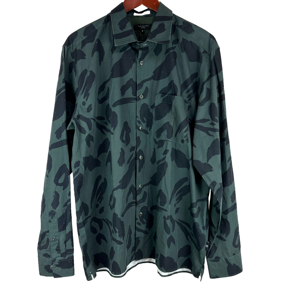 Ted Baker NWT Karpass LS Animal Print Shirt Green Black Men's Size 6 (XXL)
